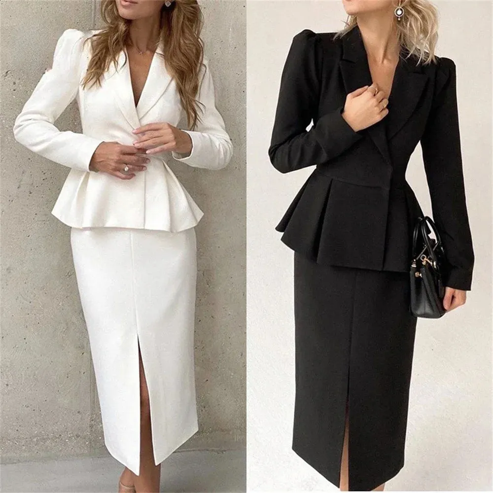 Kvinnor blazer klänning i eleganta ruffles delade fast färg långärmad slits slit casual office lady kjol set 240130