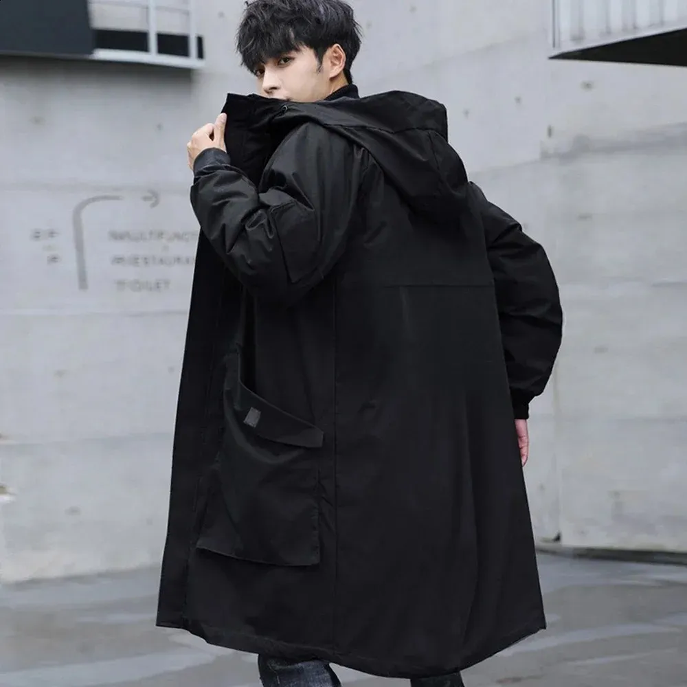 Koreansk mode långjacka män med huva ren svart huva vindbrytare överrock höst stora fickor stor storlek 240130