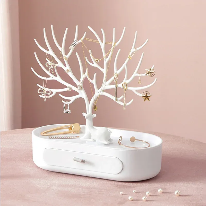 Charm Antlers Display Stand Tray With Drawer Earrings Halsband Ring Pendant Armband Jewelry Deer Tree Storage Racks Organizer Holder