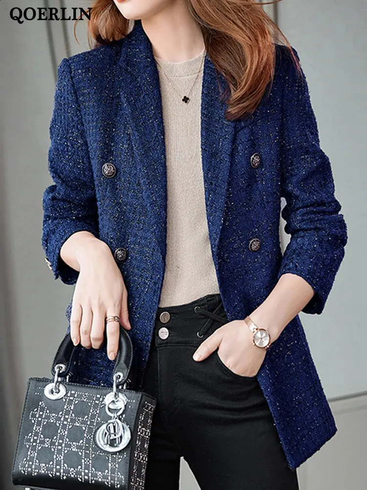 Qoerlin Women Winter Tweed Blazer 코트 두꺼운 따뜻한 따뜻한 고정 칼라 긴 소매 슬림 한 우아한 재킷 이중 브레스트 오버 코트 240202