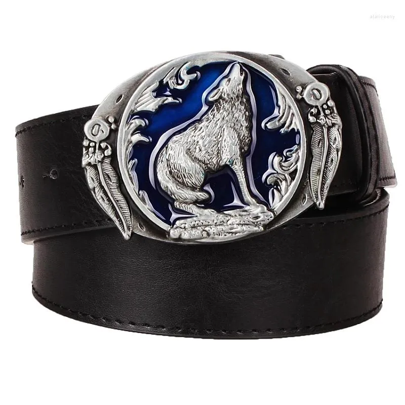 Cinturones Northerner Wolf Head Metal Hebilla Cinturón Hombres Coyote Wolf's Howl Totem Correa Hombre Cuero Jeans Cintura Regalo para hombre