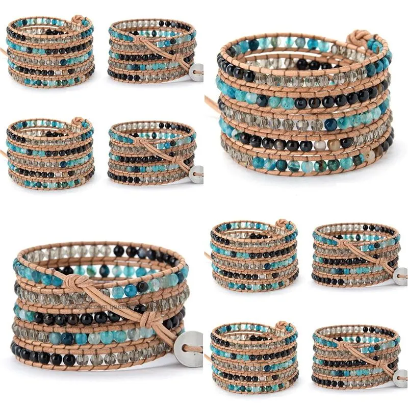 Bransolety Bangle Classic 5 nić naturalne kamienie onyksowe skórzane sznur Pasek owinięty biżuteria femme bijoux upuszczanie dostawa Żyd DH0HF