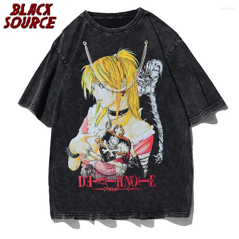 メンズTシャツブラックソースハラジュクシャツメンヒップホップビンテージウォッシュアニメグラフィック特大のストリートウェアティーコットン