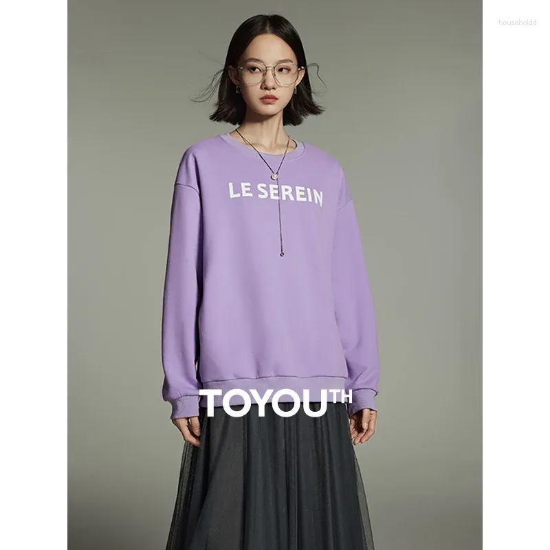 Hoodies femininos toyouth mulheres velo moletom 2024 inverno manga longa em torno do pescoço solto carta impressão casual quente roxo laranja pullovers