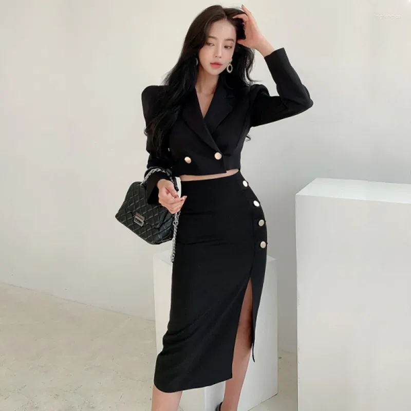 Arbetsklänningar Spring Autumn Women Korea Tvåbit Set Puff Sleeve hackad krage Dubbelbröst toppar Hög midja Split mantelkjolar