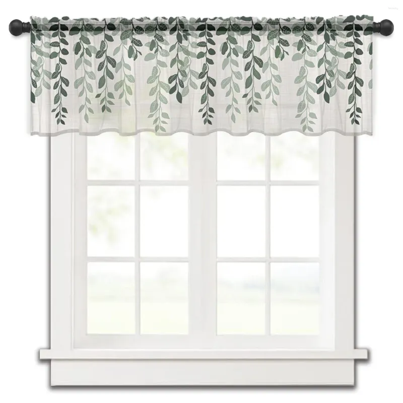 Cortina de plantas de hojas estilo country americano, cortinas de cocina con gradiente verde, cortinas de gasa cortas transparentes para decoración del hogar y sala de estar