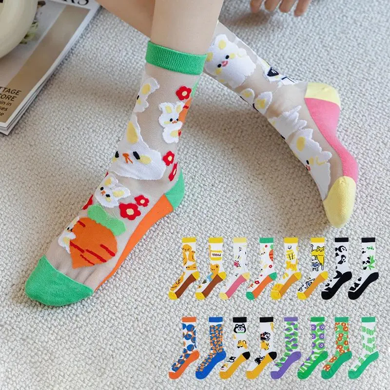 Women Socks Summer Crystal Stockings Women's Ultra-thin Personality Jacquard Asymmetric AB Mid-tube Girl Glass