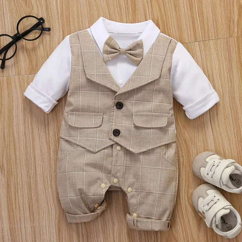 Nascido formal aniversário vestido menino colete macacão infantil xadrez roupa roupas 2 peças conjunto criança criança algodão festa terno 3-24 m 240123