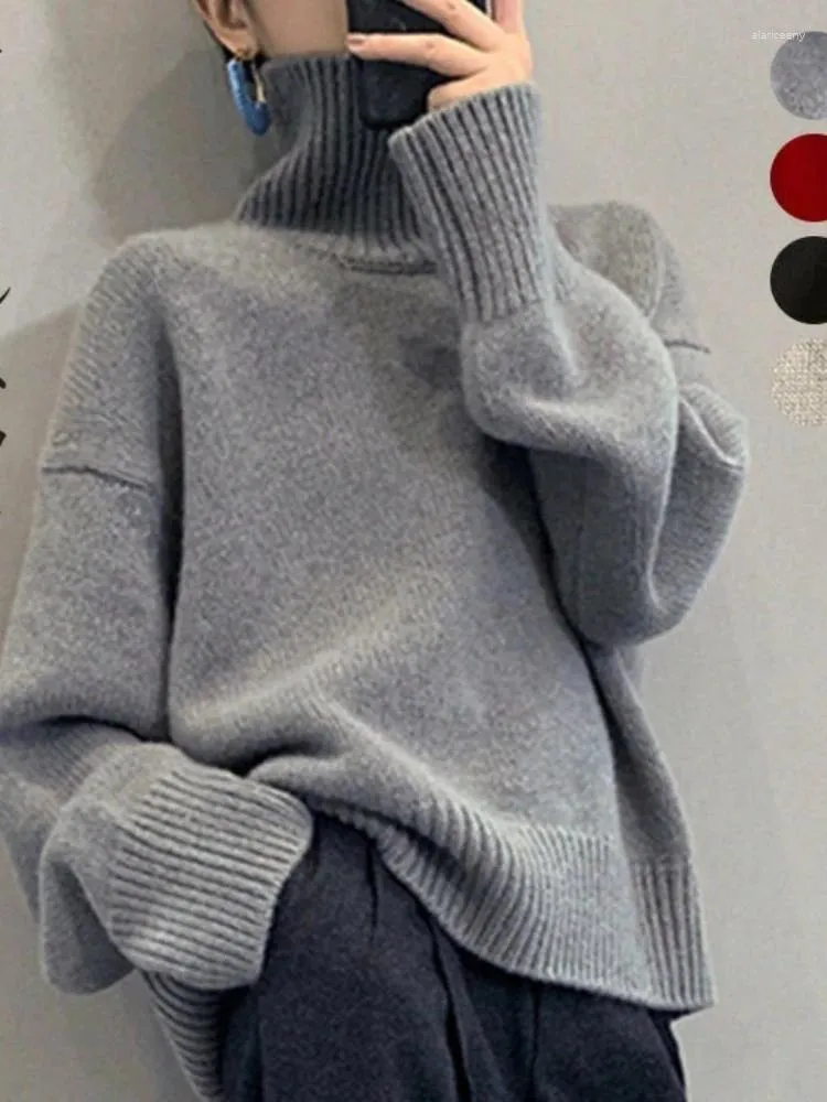 Kobiety swetry szary golf dla kobiet 2024 jesień zima moda swobodna kobieca dzianina pullovers duży sweter