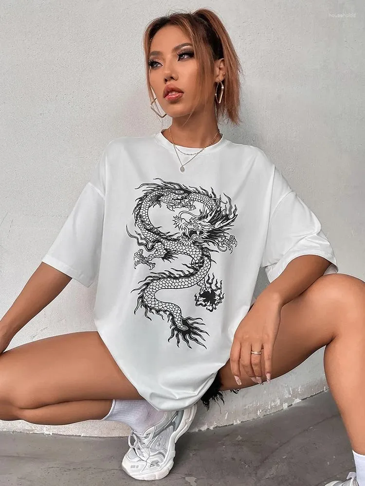 T-shirts pour femmes Motif dragon T-shirts imprimés surdimensionnés Femme Été Lâche Manches courtes Chemise en coton de haute qualité Tops de marque de rue Unisexe