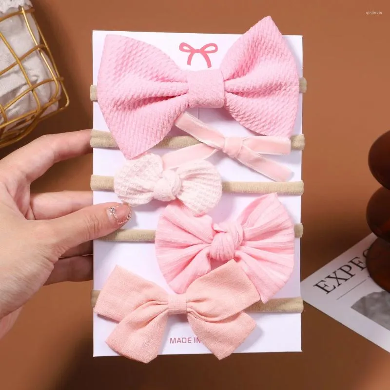 ヘアアクセサリー5pcs/set color bow cotton headband for baby children girlsソフトナイロンバンド生まれた幼児の手作りギフト