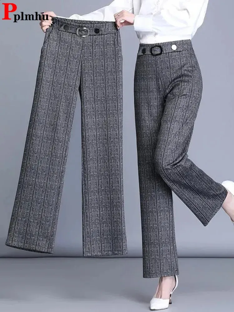 Överdimensionerad 4xl Plaid Office Straight Pants Korean Fashion Women Formal Wide Leg Pantalones Casual ol High midjebyxor 240202