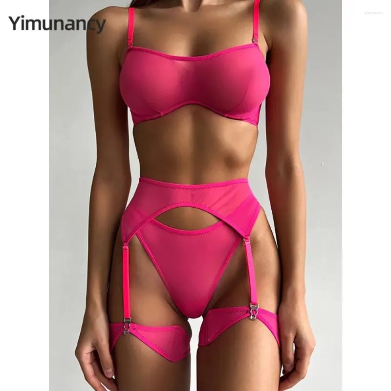 Conjuntos de sujetadores Yimunancy Mesh Lingerie Set Mujeres Correa extraíble Sólido Erótico Sujetador Panty Ropa interior Ropa diaria