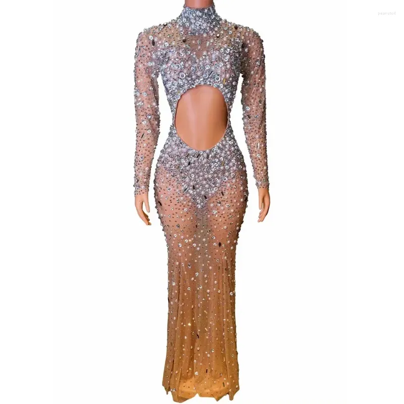 Stage Wear Sexy Brilhante Nightclub Bar Feminino Cantora Full Diamond Malha Perspectiva Oca Manga Longa Envolvida Hip Modelo Performance Dress