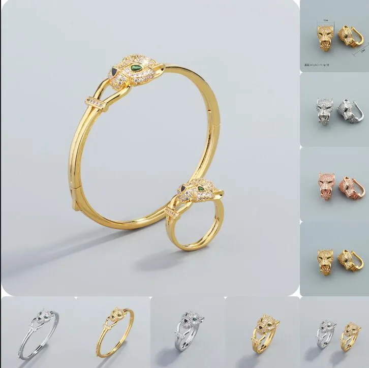 Testa di pantera leopardata placcata in oro giallo Bracciale verde occhi diabolici Anello orecchino Set Gioielli da donna minimalisti da uomo Bracciale rigido in oro placcato in rame Trasmissione dal vivo