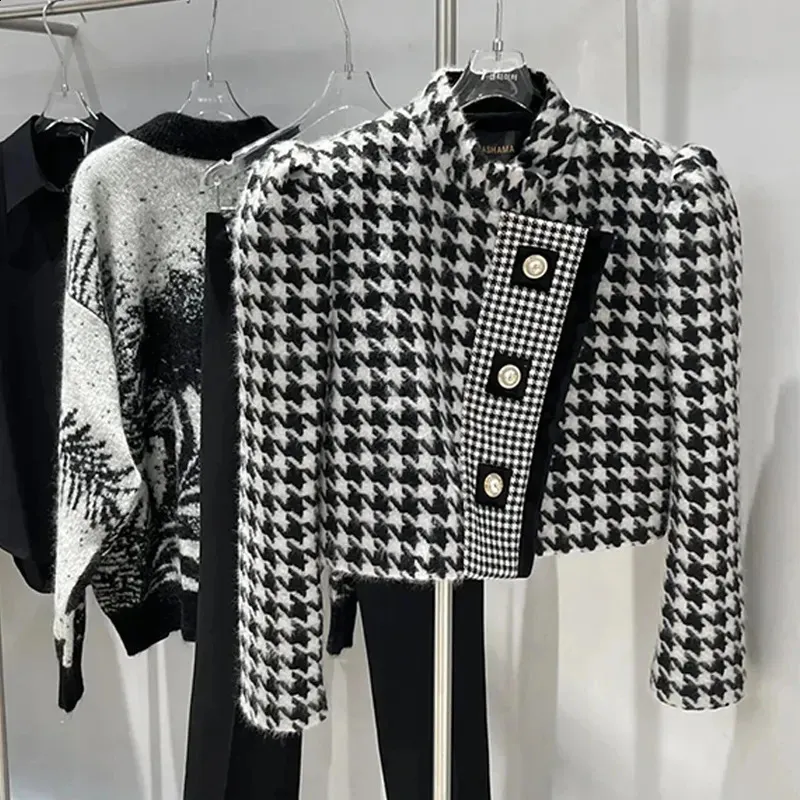 Moda designer houndstooth recortado jaqueta feminina vintage pérola botão marca de luxo casaco elegante senhoras festa curto outerwear 240124