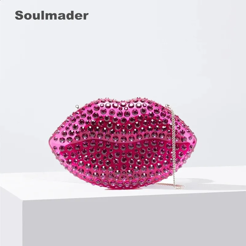 Acrylique lèvre forme pochette argent rose femmes luxe soirée mignon strass clair sac à main sac à main en gros 240131