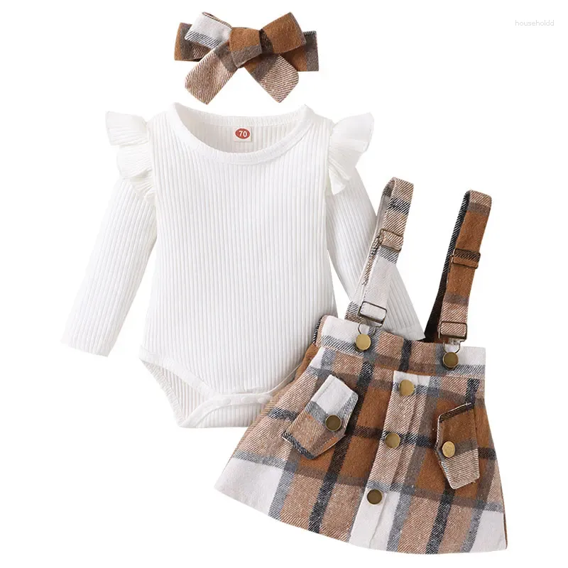 Conjuntos de roupas bebê menina outono roupas conjunto moda nascido infantil algodão plissado macacão xadrez suspender saia headband 3pcs para roupas de criança