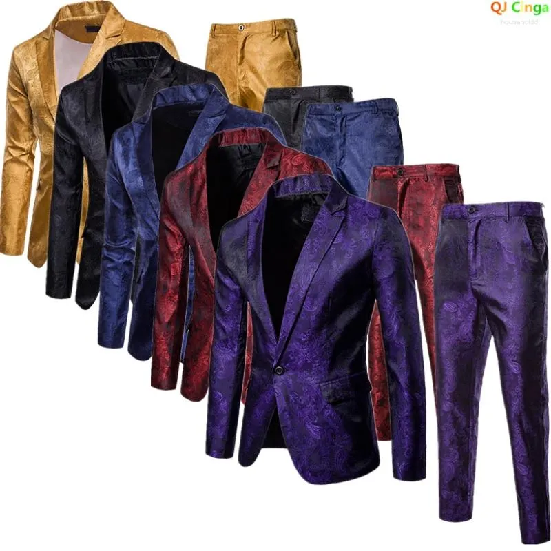 Men's Suits (Jacket Pants) Men Business Casual Slim Suit Sets Fashion Printed Tuxedo Wedding Formal Dress Blazer Stage Performances