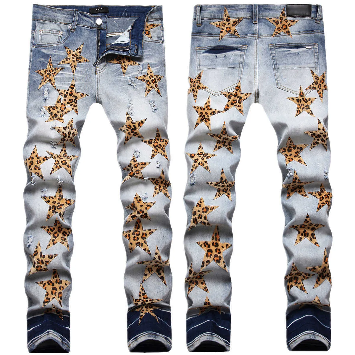 Jeans da uomo Nuovo jeans invecchiato stile americano patch AM jeans a gamba dritta slim fit elasticizzati con stampa leopardata a stella di marca alla moda