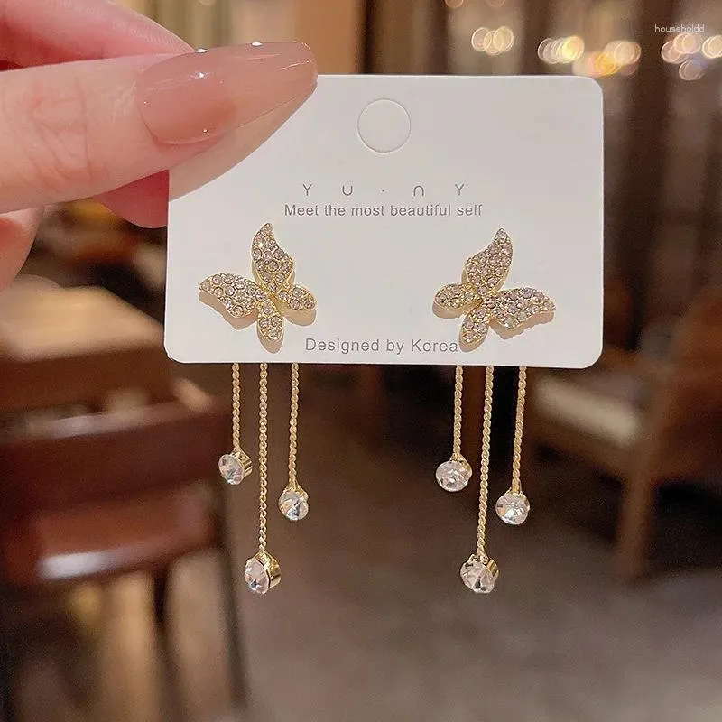 Dangle Earrings 2024 Elegant Gold Color Rhinestone Butterfly For Women Two Wear Way Drop Earring Luxury Zircon Shiny Jewelry