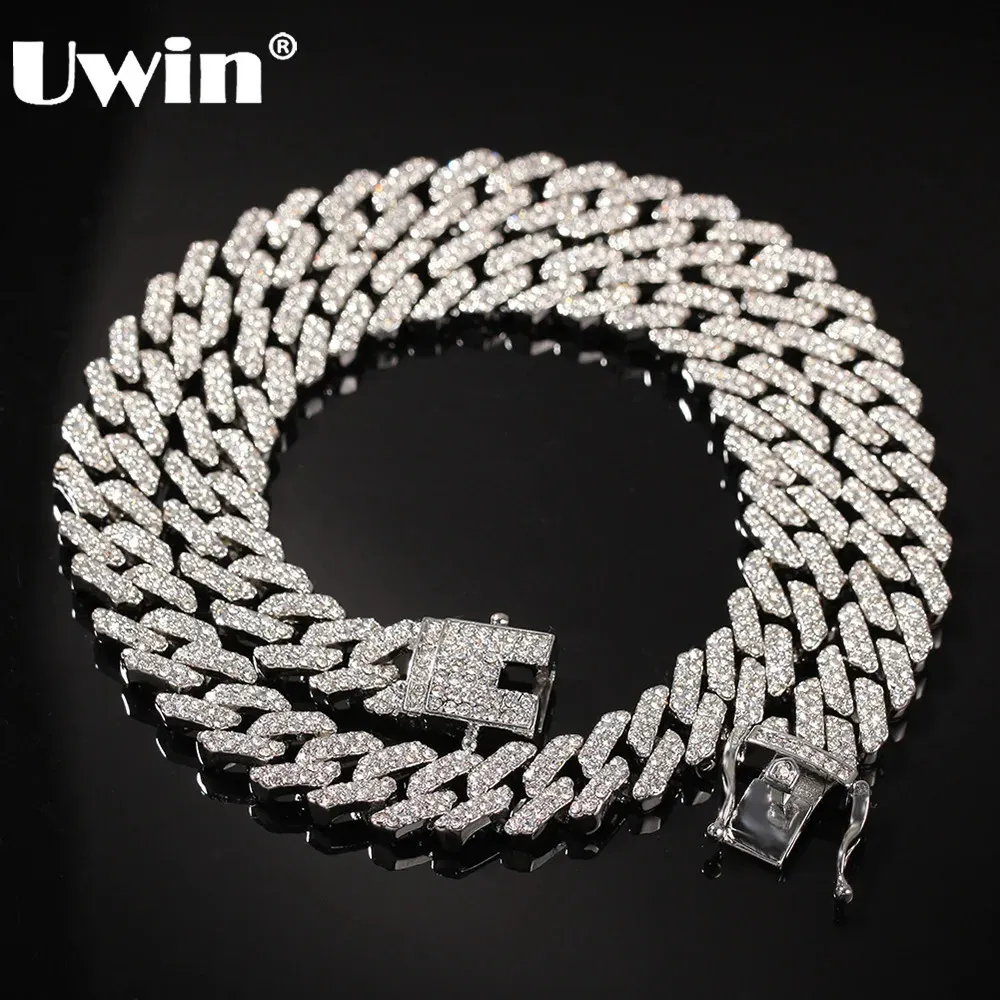 UWIN SLink Miami Cuban Link Chain Necklace 12mm Silver Color with Bling Pink Rhinestones Choker Hip Hop Jewelry 240125