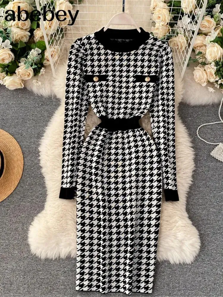 Casual Jurken Roze Houndstooth Herfst Gebreide Midi Jurk Dames O Hals Lange Mouw Elastische Taille Sexy Gebreide Vrouwen Slanke Warme Trui