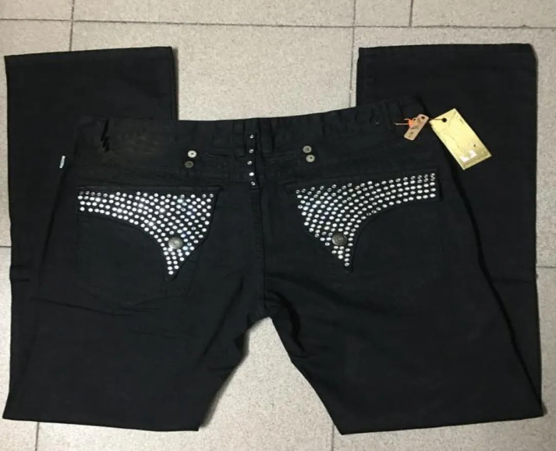 Mens Robin Jeans Black with Silver Crystal Studs Denim Pants Designer Trousers Wing Clips zipper Embroidery Straight fit size 3048936236