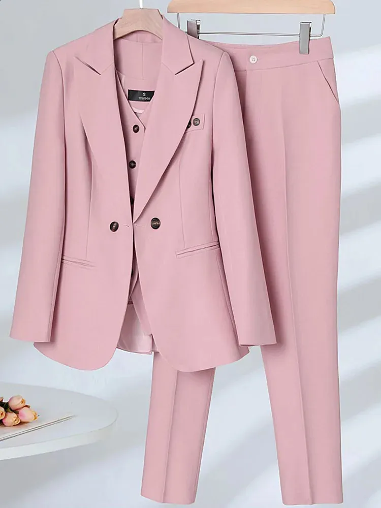 Casual Pant Suits for Women Long Sleeve Office Streetwear Two Piece Solid Double Breasted Spring Summer 240127