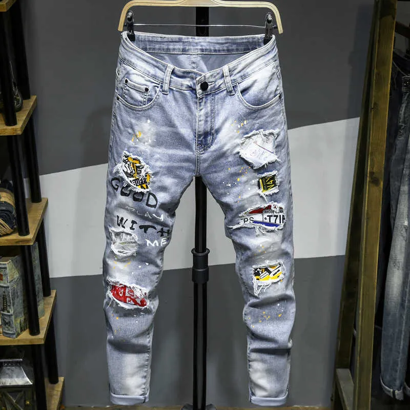 Pantalones vaqueros para hombre, pantalones blanqueadores, pintados con aerosol, agujeros rotos, calidad para hombres