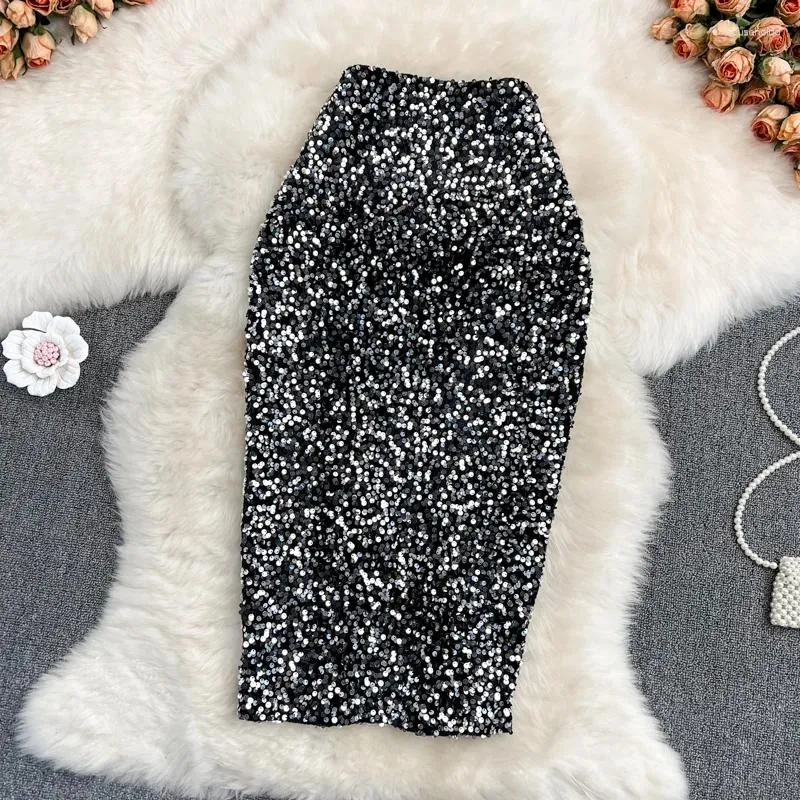 Skirts OL Professional High-waist Sequined Skirt For Fall Winter Women's Style Thin Hip One-step KK1730