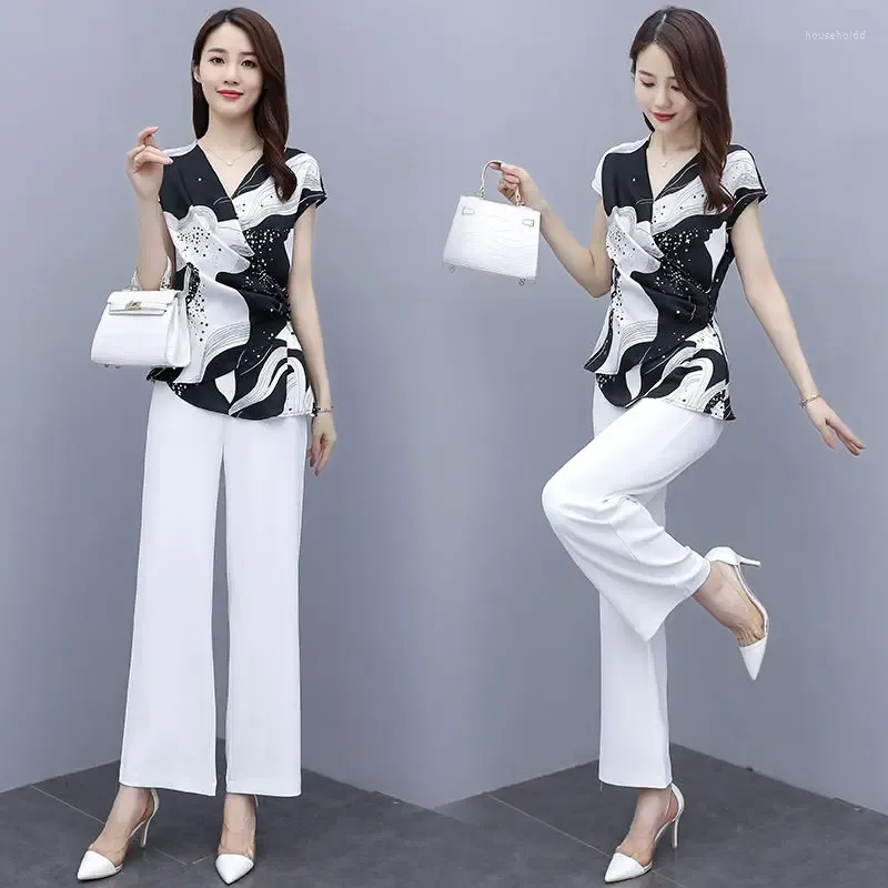 Women's Two Piece Pants Suits Female For Summer 2024 Woman Set Pantsuits Elegant Chiffon Asymmetrical Tops & Wide Leg Trousers 2 Clothes