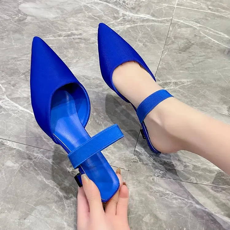 Elegant Womens High Heels Fashion Pointed Low Heel Sandals Mule Plus Size Blue Shoes 240123