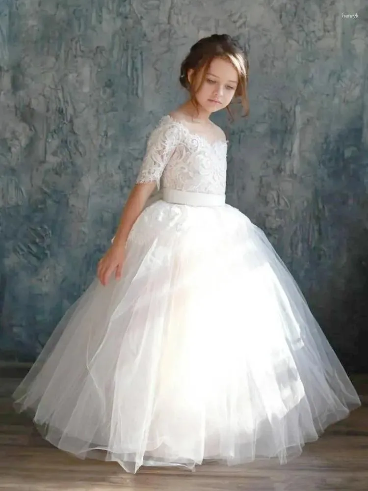 Платья для девочек Цветочное платье Белый тюль с кружевными аппликациями Топ с большим бантом и половиной рукава для свадьбы, дня рождения, платья для первого причастия