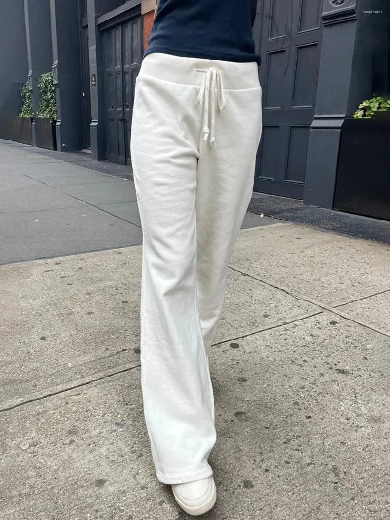 Women's Pants Drawstring Raw Hem White Straight Long 2024 Sweet Cute High Waist Trousers Summer Casual Sport Sweatpant Chic