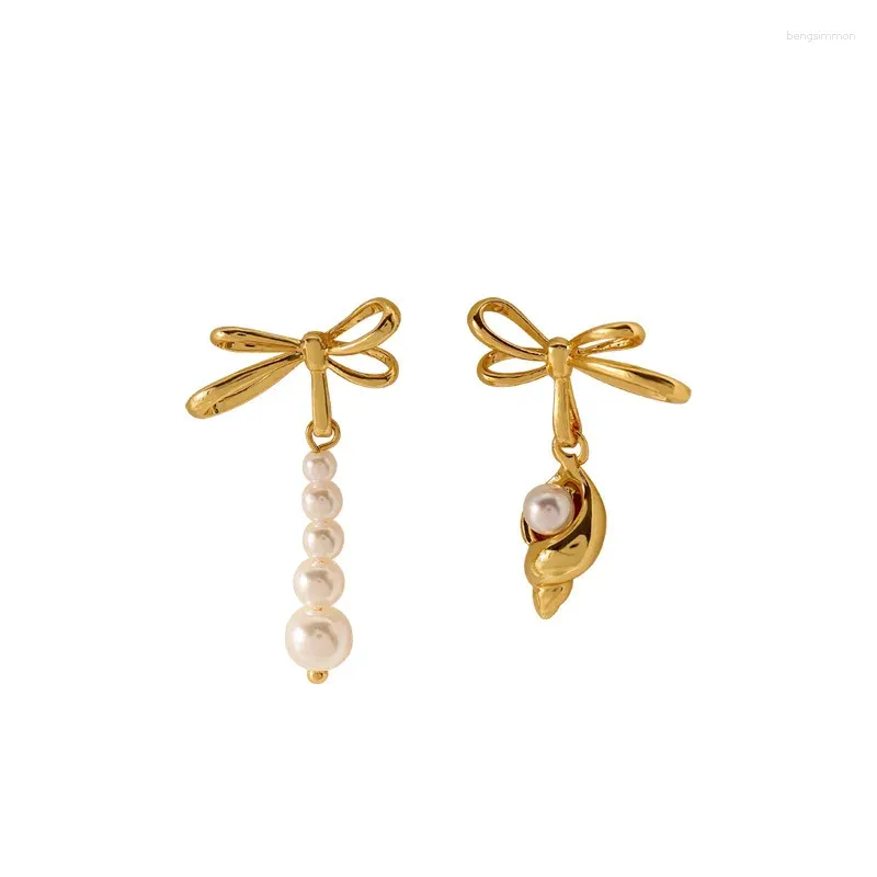 Boucles d'oreilles pendantes avec nœud asymétrique français, perle de conque, Design de Niche, personnalité, Vintage, mode haut de gamme