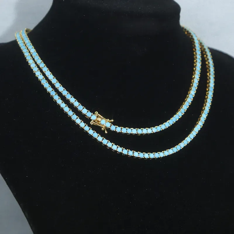 New fashion 3mm turquoise stone paved tennis chain necklace for women lady hip hop punk style wedding jewelry wholesale