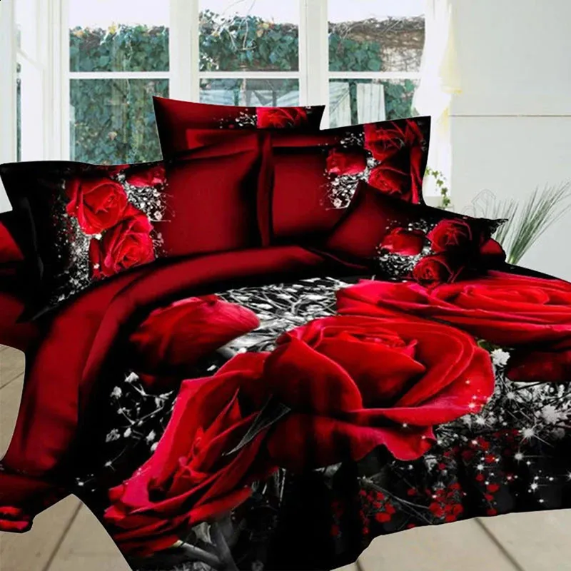 4st 3D Big Red Rose Floral Bedding Set Wedding Däcke Cover Sheet Pillow Cases Bed Covers For Bedroom Hushållsprodukter 240127