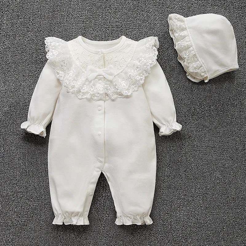 Primavera nascido roupas da menina do bebê rendas flores princesa macacão chapéus infantis meninas bodysuits onesie 240119