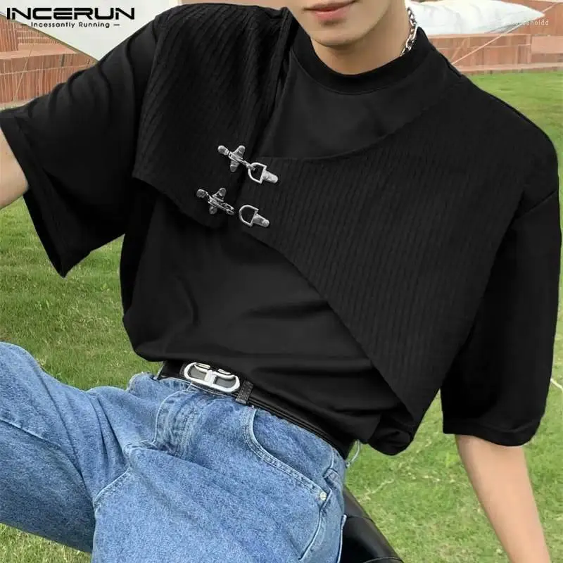 メンズTシャツのインカントップ2024韓国スタイルの男性スプライシングデザインTシャツカジュアルストリートウェアオスのメタルバックル半袖カミゼタS-5XL