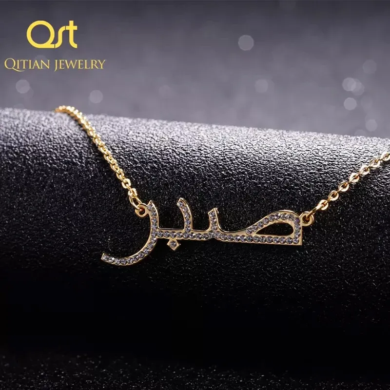 Necklaces Custom Arabic Iced Out Name Necklace Crystal Arabic Names Pendant Bespoke Simple Sparkling Muslims Jewelry For Women Gift