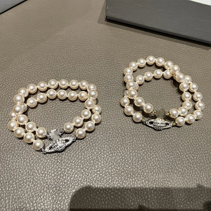 Senhora designer contas pulseiras dupla camada pérolas saturno pulseira cheia de diamantes estilo retro incrustado diamantes ouro mão jóias