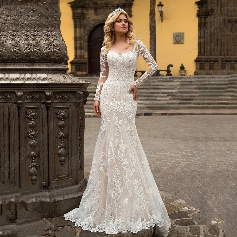 Elegant sirène mariage plus taille vintage robe de mariée boho en dentelle à manches longues de balayage