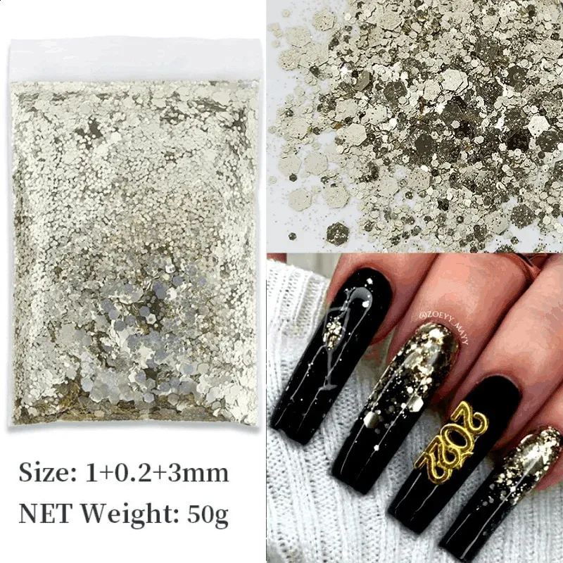 4 Bag*50G Shiny Metallic Fine Chunky Nail Glitter Mix Hexagon Sequin Bulk Dekoration Naglar Tillbehör för UV Manicure Supplies 240202