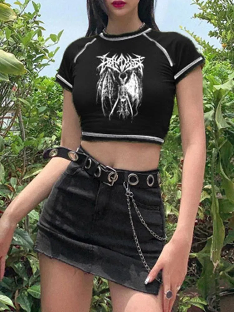 Koszulki damskie T-shirt Harajuku y2k crop top retro koreański czarny demon punkowy gotycki anime ubrania szczupłe