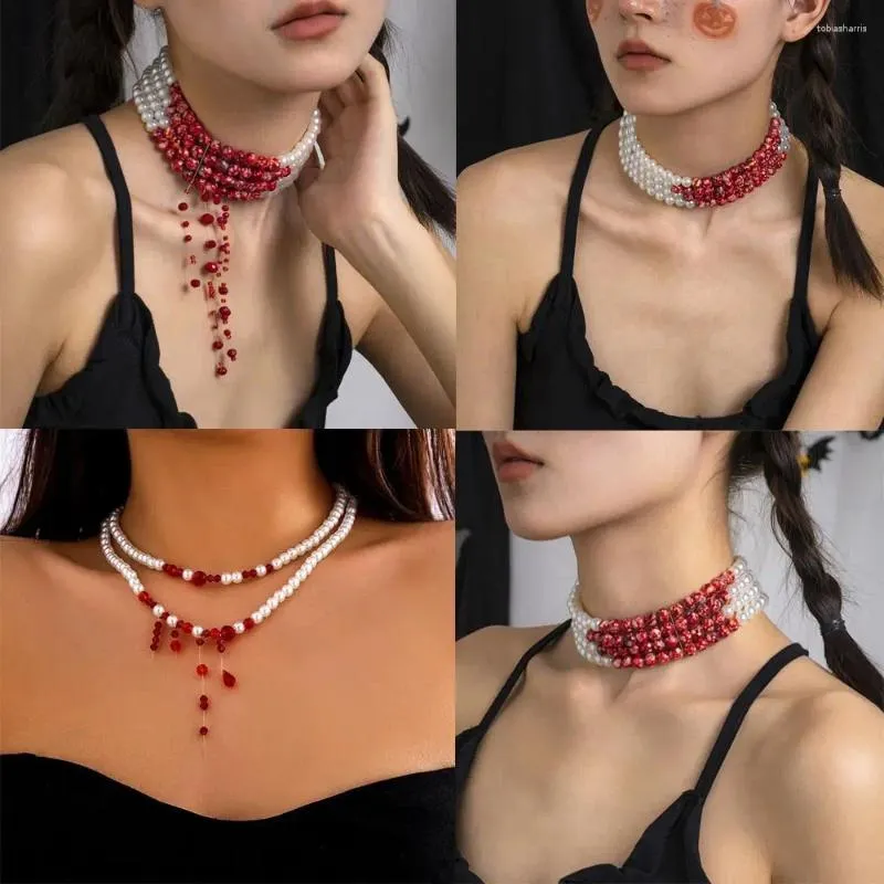 Łańcuchy Gothic Blood Drop Tassel Chokers Halloween Decoration 2024 Punk Personality Red Beaded Pearl Multilayer Naszyjnik Prezent biżuterii