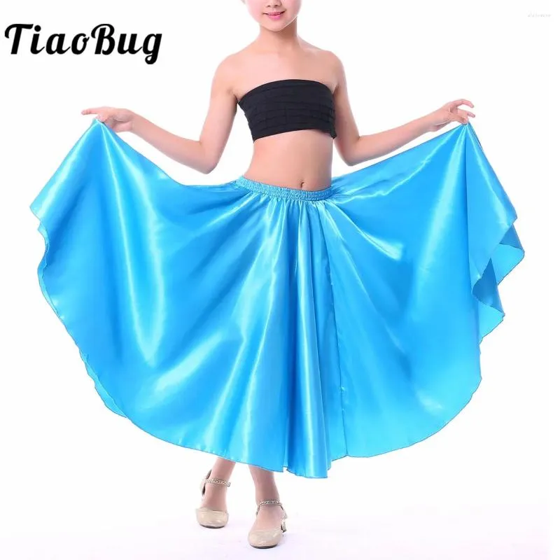 Stage Wear Enfants Gypsy Girls Espagnol Flamengo Jupe Satin Soie Brillant Big Swing Belly Dance Robe Flamenco Performance Costume