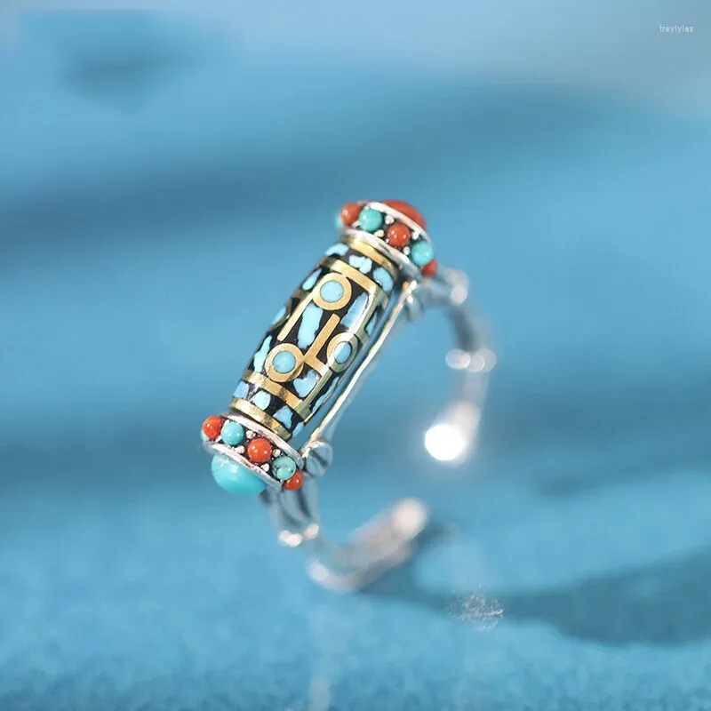 Clusterringen LH 2024 Tianzhu Turquoise Ring Dames Draaibaar Bamboegewricht Vintage Tibetaanse Etnische Stijl