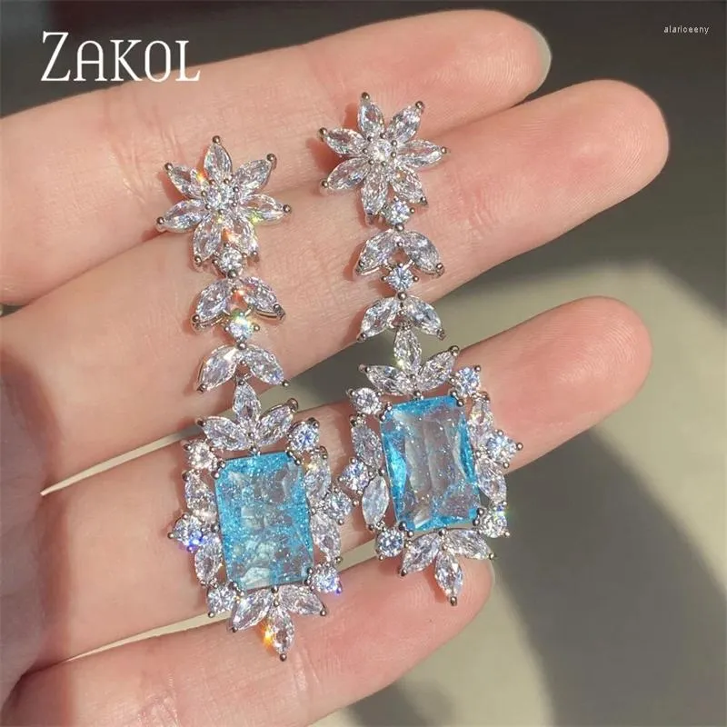 Boucles d'oreilles pendantes ZAKOL Vintage feuille carrée zircon cubique goutte pour les femmes de luxe exquis bleu Royal CZ bijoux de Banquet de mariage EP5361