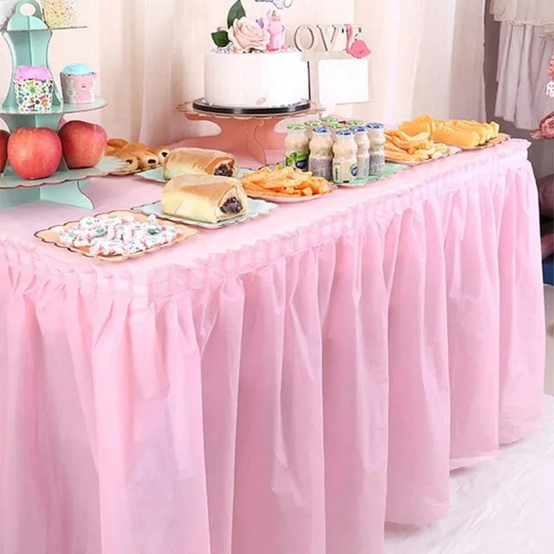 テーブルスカートエルバンケットの誕生日パーティーウェディングフェスティバルラウンド長方形のテーブル装飾のための白いプラスチックピンクの装飾